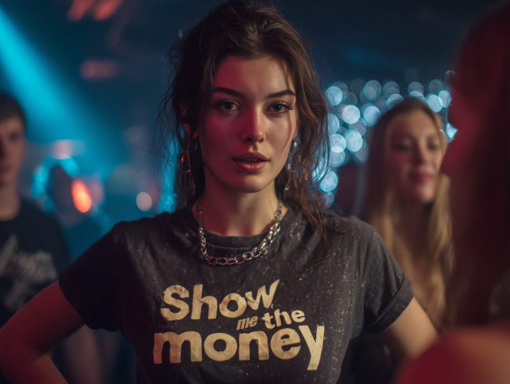 Ung kvinna med tröja där det står Show me the money. AI-genererad