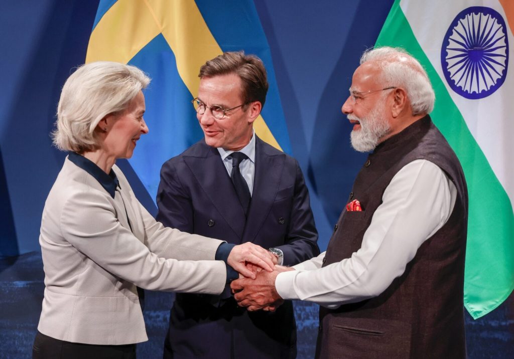EU-kommissionens ordförande Ursula von der Leyen, statsminister Ulf Kristersson och Indiens premiärminister Narendra Modi
